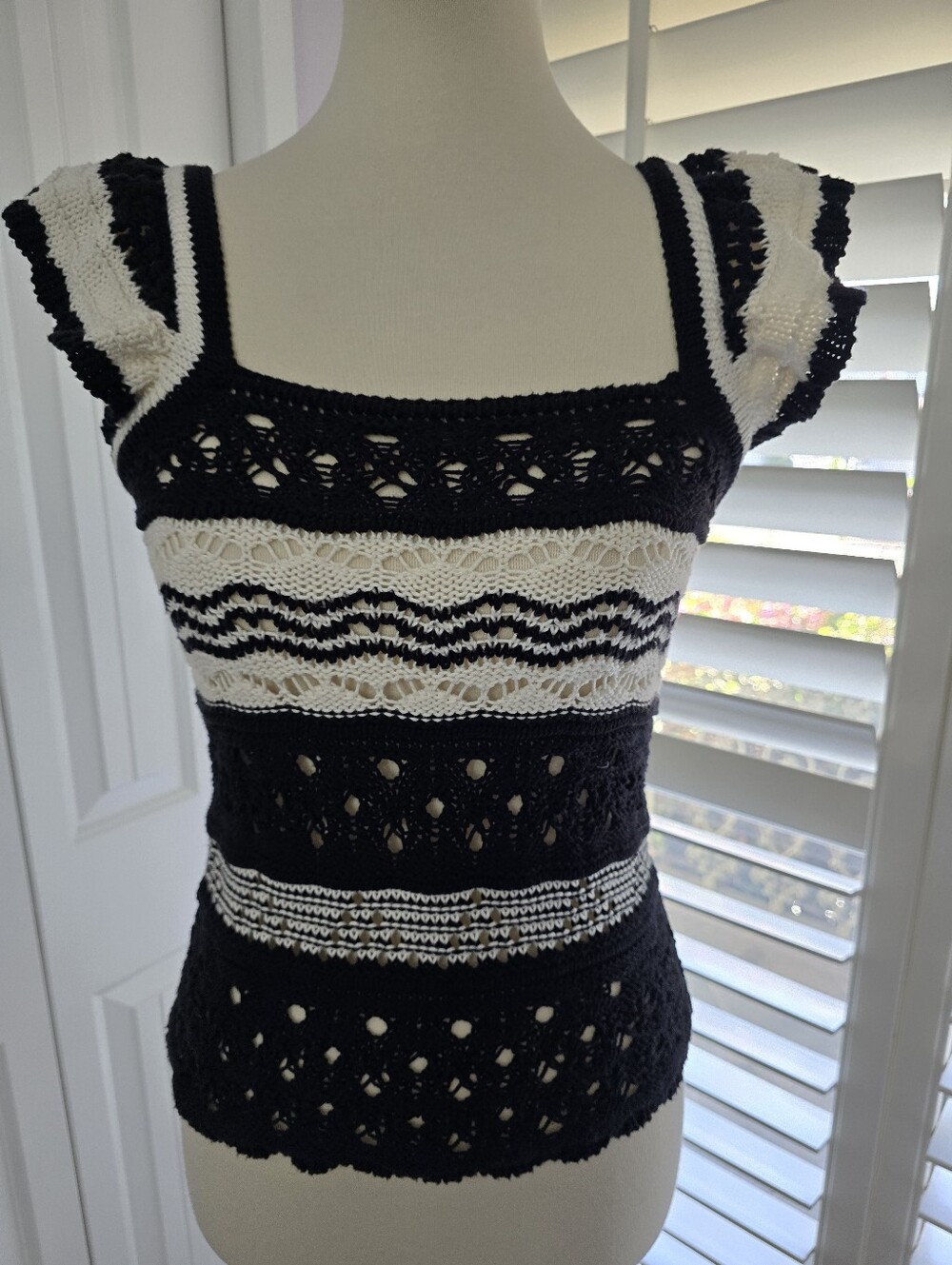 LOFT Black & White Crochet Square Neck Top With Short Flutter Sleeves